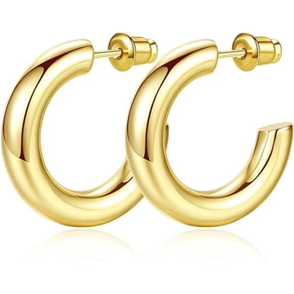 Jewelry - 4 Pairs Hoop Earrings for Women, 14K Gold Chunky Open Hoops Thick Earrings